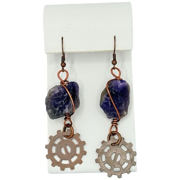 Amethyst Copper Wrapped Dangle Earrings Gear Charm 3" Artesian Steampunk - Picture 1 of 11